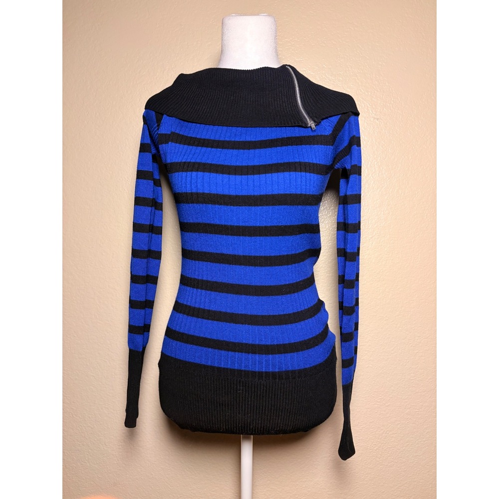 Y2K Scene Bongo Striped Ribbed Knit Zipper Collar Sweater Womens Large #9
